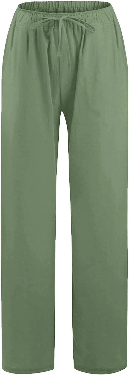 Wide Leg Linen Pants for Women Summer Boho High Waisted Palazzo Pants Lightweight Baggy Comfy Beach Pants with Pocket