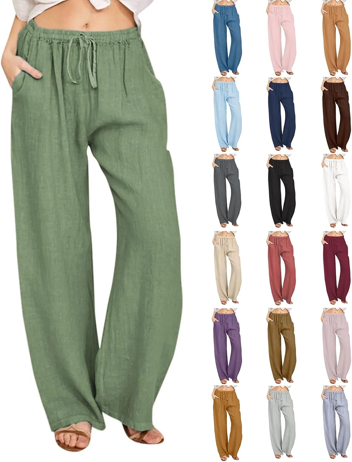Wide Leg Linen Pants for Women Summer Boho High Waisted Palazzo Pants Lightweight Baggy Comfy Beach Pants with Pocket