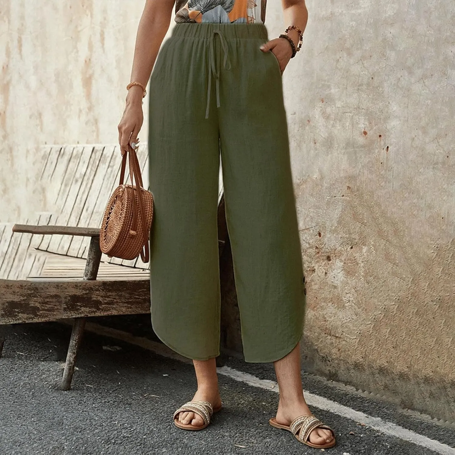Wide Leg Linen Pants for Women Women'sFashionable and Casual Solid Color Cotton and Linen Loose Fit Casual Capri
