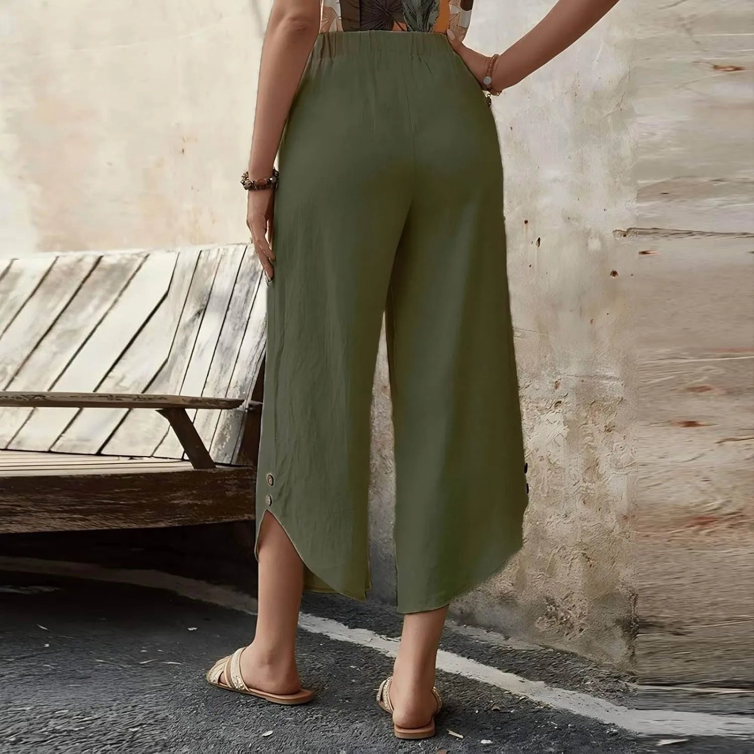 Wide Leg Linen Pants for Women Women'sFashionable and Casual Solid Color Cotton and Linen Loose Fit Casual Capri