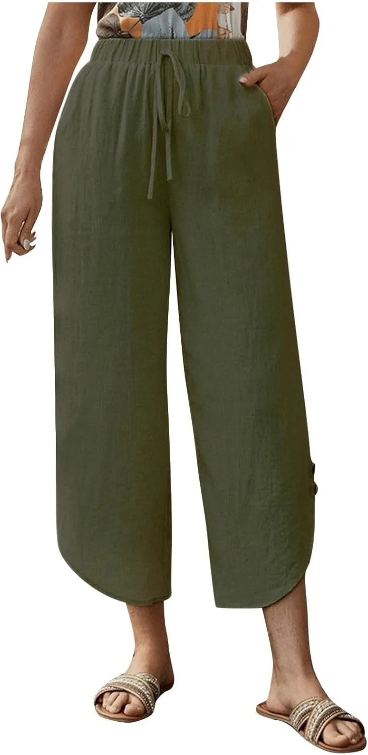Wide Leg Linen Pants for Women Women'sFashionable and Casual Solid Color Cotton and Linen Loose Fit Casual Capri