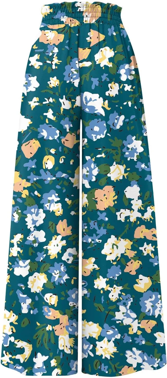 Wide Leg Pants Woman Summer Boho Palazzo Pants Drawstring Elastic High Waist Floral Print Pocket Beach Lounge Pants