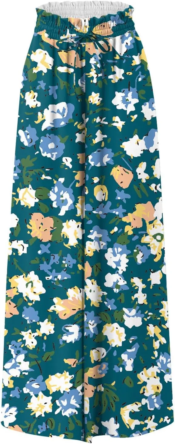 Wide Leg Pants Woman Summer Boho Palazzo Pants Drawstring Elastic High Waist Floral Print Pocket Beach Lounge Pants