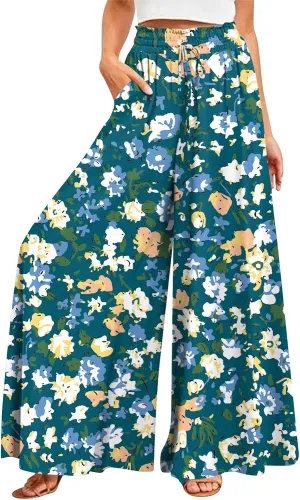 Wide Leg Pants Woman Summer Boho Palazzo Pants Drawstring Elastic High Waist Floral Print Pocket Beach Lounge Pants