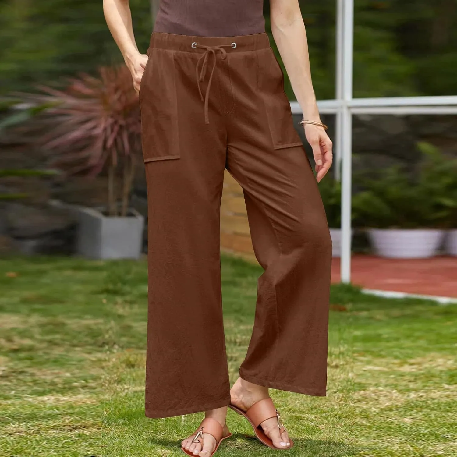 Wide Leg Pants Woman Summer Casual 2025 Drawstring High Waisted Trousers with Pockets Plus Size Linen Pants