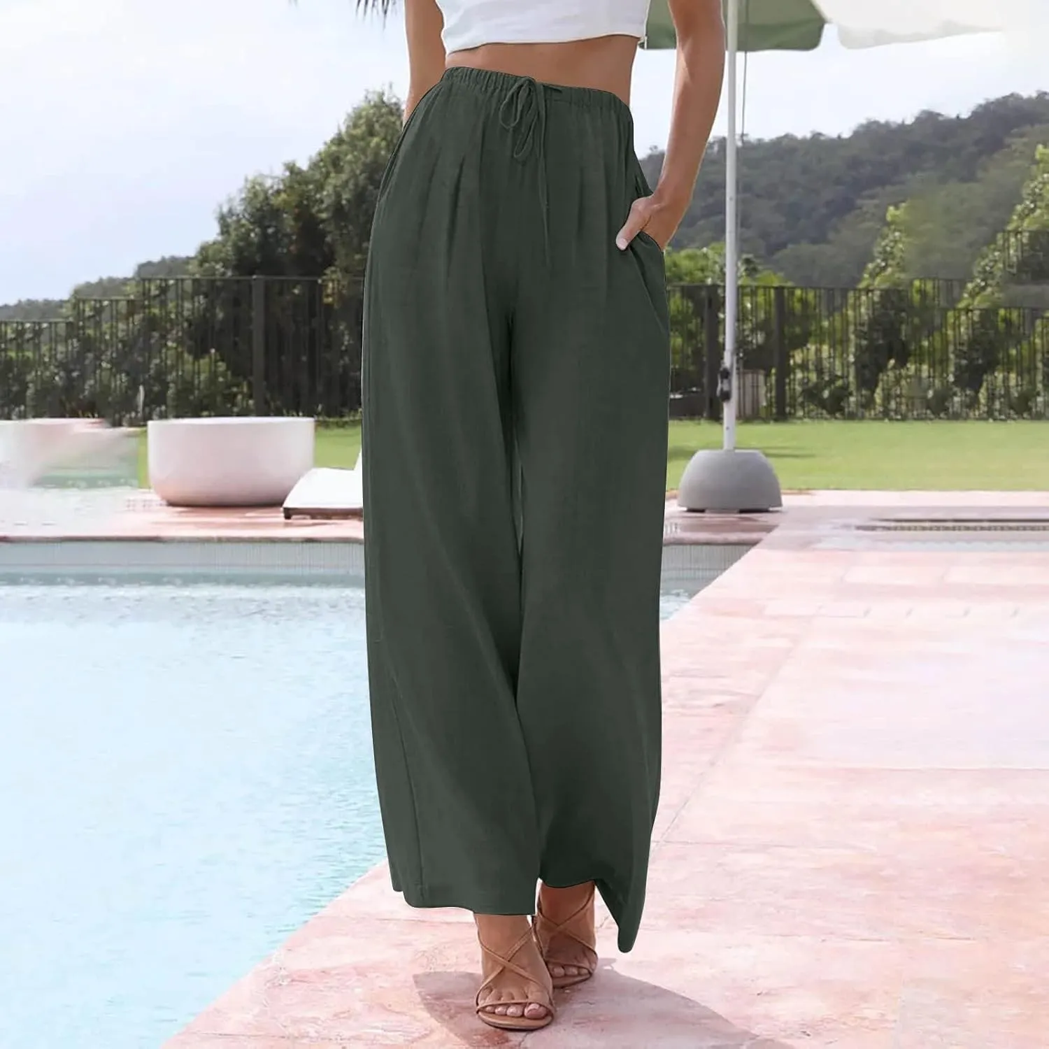 Wide Leg Women Linen Pants Summer Drawstring Elastic High Waisted Palazzo Pants Loose Fit Flowy Beach Trouser w/Pockets