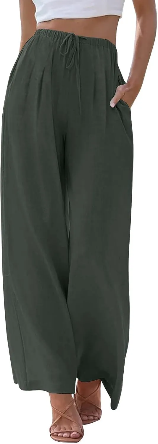 Wide Leg Women Linen Pants Summer Drawstring Elastic High Waisted Palazzo Pants Loose Fit Flowy Beach Trouser w/Pockets