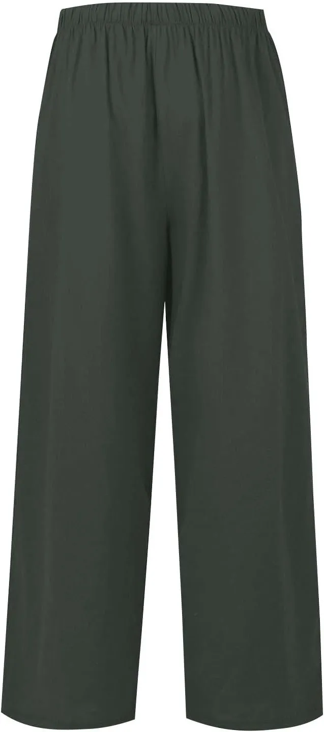 Wide Leg Women Linen Pants Summer Drawstring Elastic High Waisted Palazzo Pants Loose Fit Flowy Beach Trouser w/Pockets