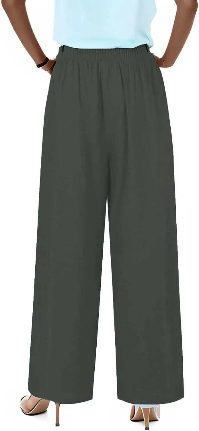 Wide Leg Women Linen Pants Summer Drawstring Elastic High Waisted Palazzo Pants Loose Fit Flowy Beach Trouser w/Pockets