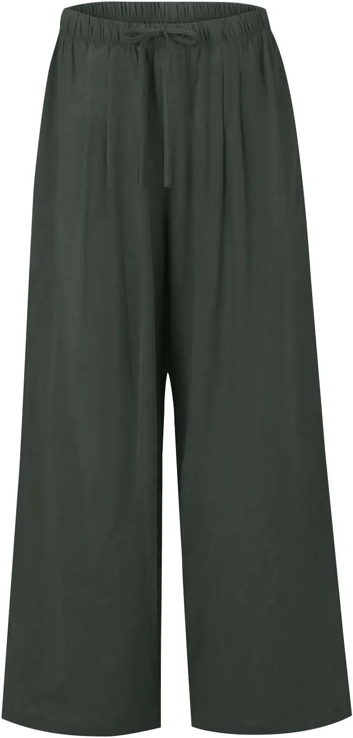 Wide Leg Women Linen Pants Summer Drawstring Elastic High Waisted Palazzo Pants Loose Fit Flowy Beach Trouser w/Pockets
