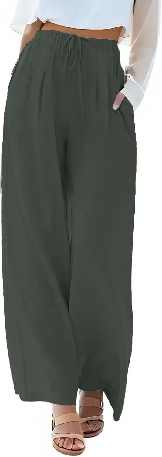 Wide Leg Women Linen Pants Summer Drawstring Elastic High Waisted Palazzo Pants Loose Fit Flowy Beach Trouser w/Pockets