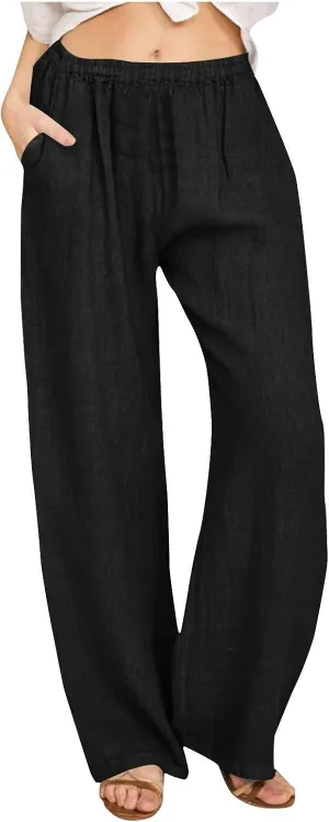Wkishenl Women's Summer Linen Pants Casual Drawstring Waist Wide Leg Trousers Loose Fitted Solid Lounge Pants with Pockets