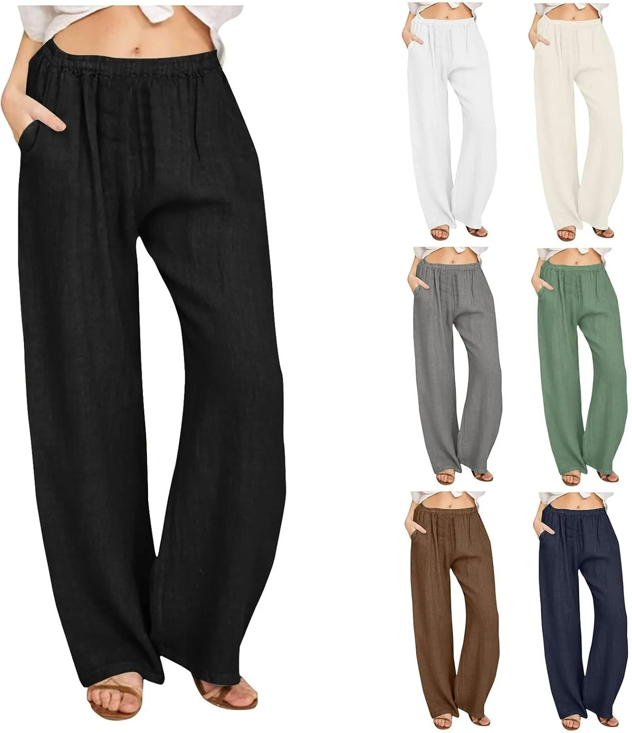 Wkishenl Women's Summer Linen Pants Casual Drawstring Waist Wide Leg Trousers Loose Fitted Solid Lounge Pants with Pockets