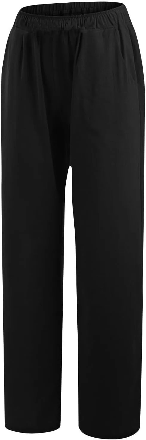 Wkishenl Women's Summer Linen Pants Casual Drawstring Waist Wide Leg Trousers Loose Fitted Solid Lounge Pants with Pockets