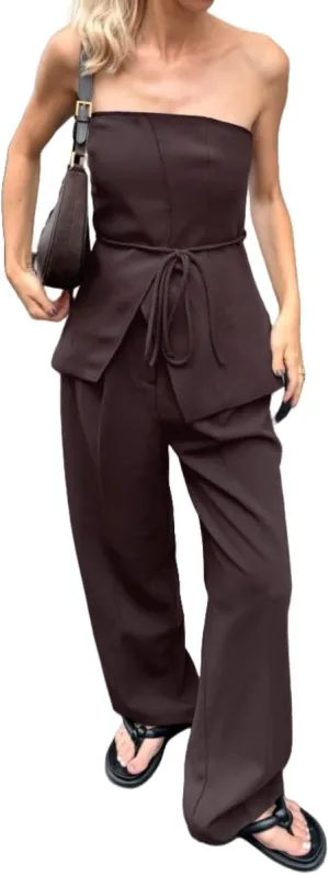 Women 2 Pieces Business Suit Sleeveless Button Down Tube Tops and Long Pants Solid Work Casual Clothing Outfits