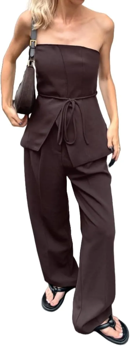 Women 2 Pieces Business Suit Sleeveless Button Down Tube Tops and Long Pants Solid Work Casual Clothing Outfits
