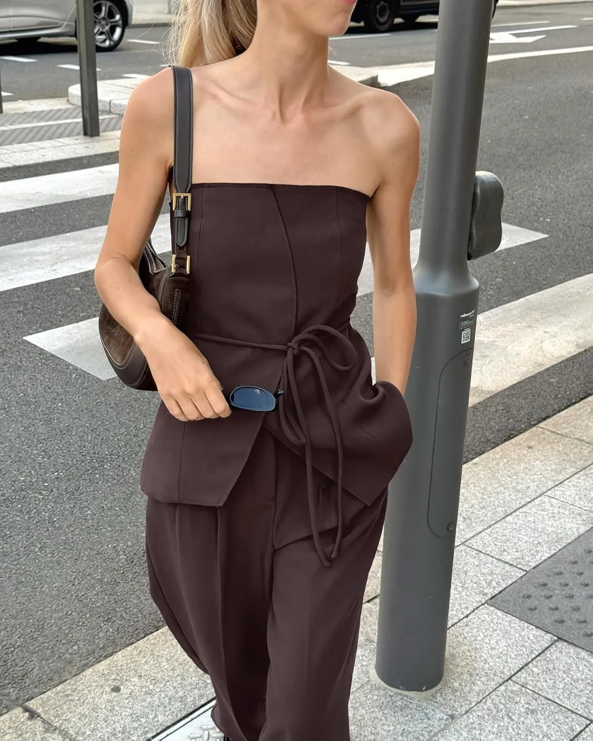 Women 2 Pieces Business Suit Sleeveless Button Down Tube Tops and Long Pants Solid Work Casual Clothing Outfits