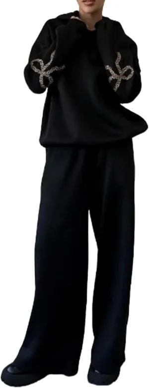 Women Bow Print Sweat Set Long Sleeve Oversized Hoodie Wide Leg Sweatpants 2 Piece Outfits Matching Tracksuit