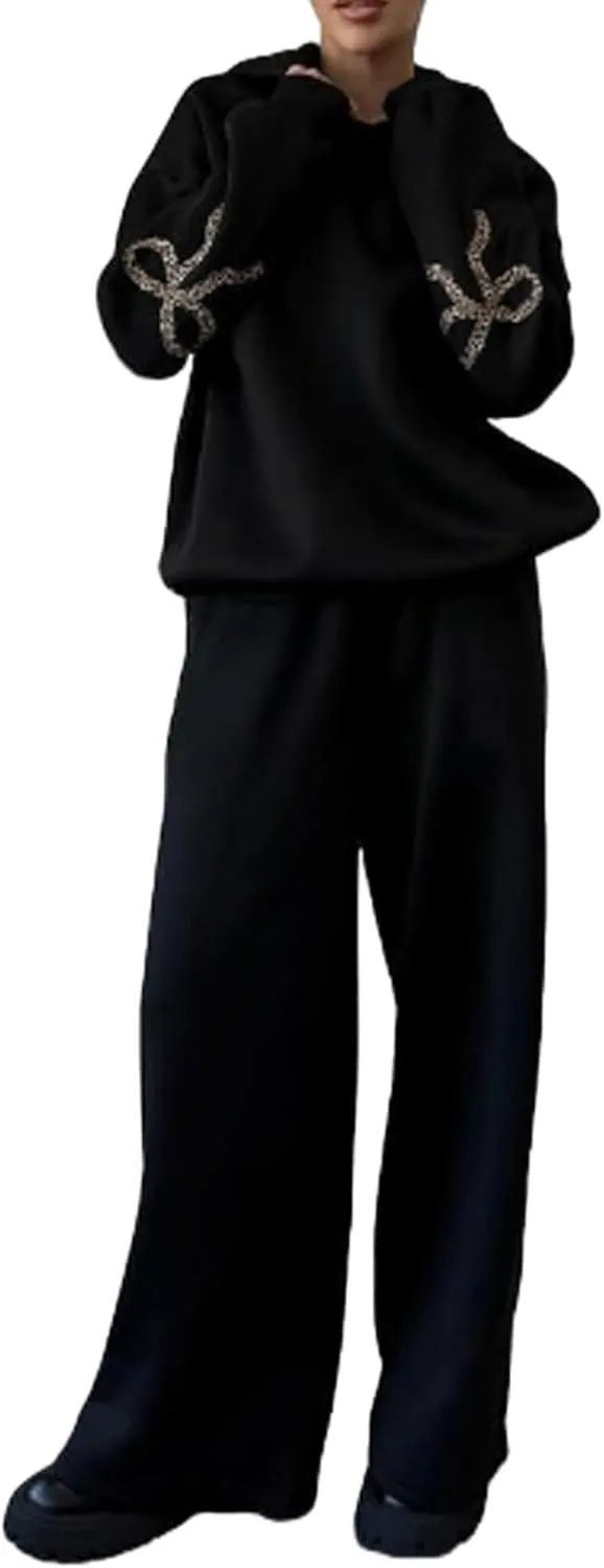Women Bow Print Sweat Set Long Sleeve Oversized Hoodie Wide Leg Sweatpants 2 Piece Outfits Matching Tracksuit