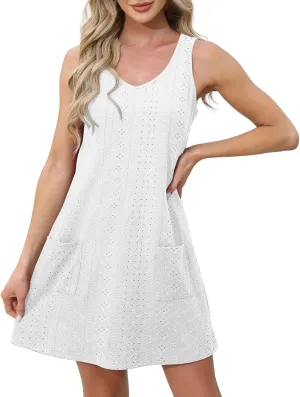 Women Casual Summer Dress Sleeveless Babydoll Eyelet Ruffle V Neck Mini Dress Oversized Loose Sundress with Pockets