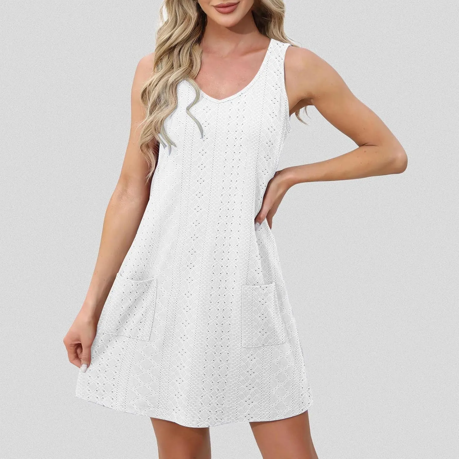Women Casual Summer Dress Sleeveless Babydoll Eyelet Ruffle V Neck Mini Dress Oversized Loose Sundress with Pockets