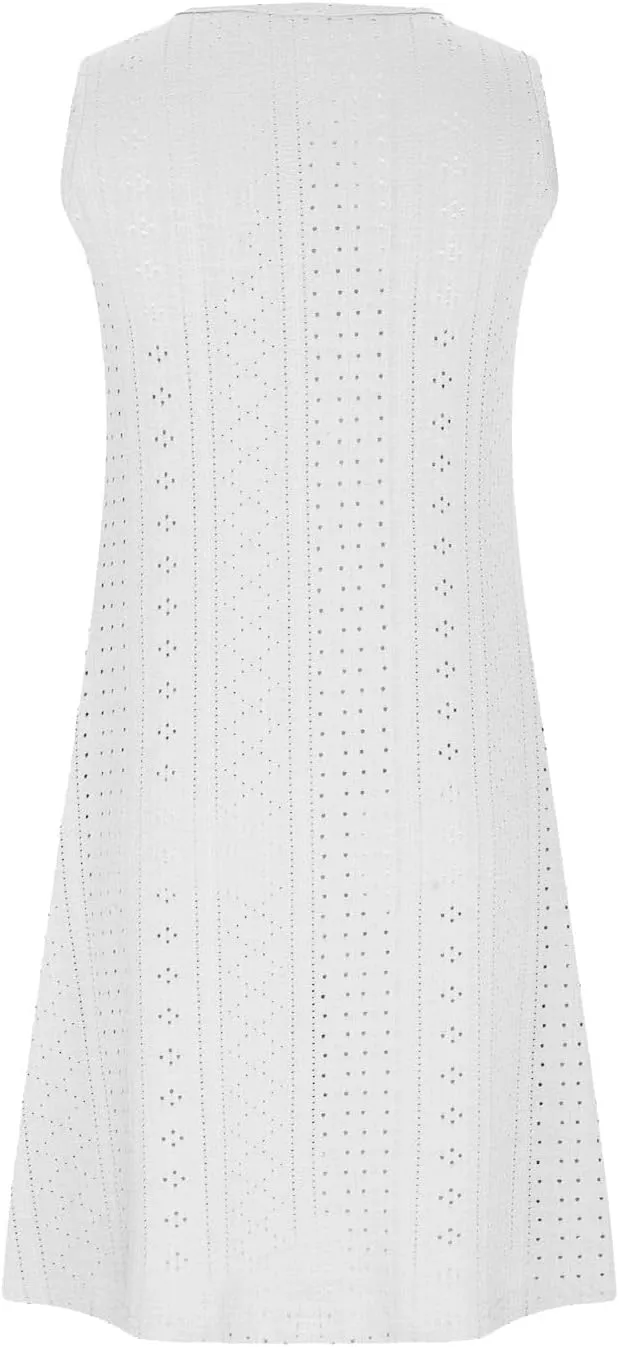 Women Casual Summer Dress Sleeveless Babydoll Eyelet Ruffle V Neck Mini Dress Oversized Loose Sundress with Pockets