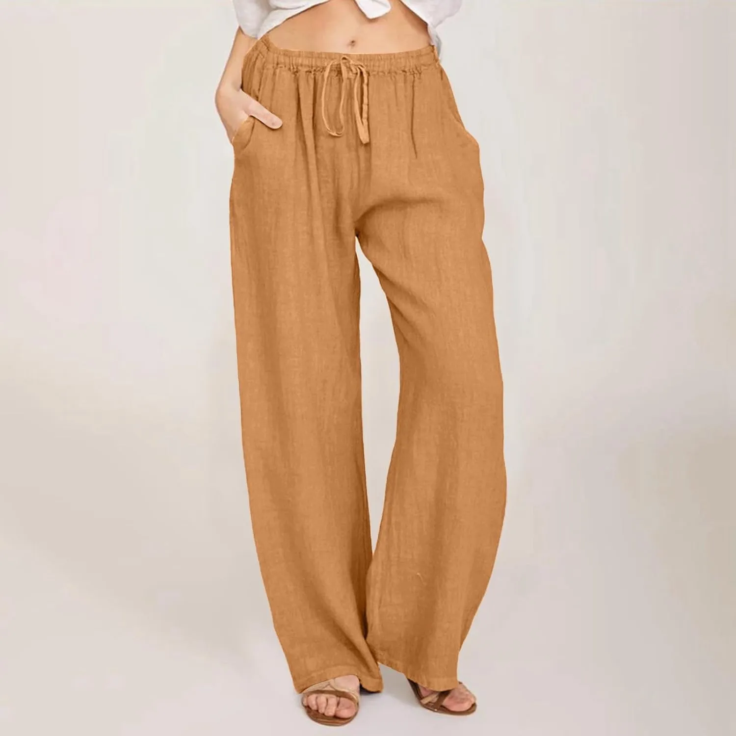 Women Cotton Linen Summer Floral Pants Elastic Waisted Bootcut Slim Fit Trouser Work Business
