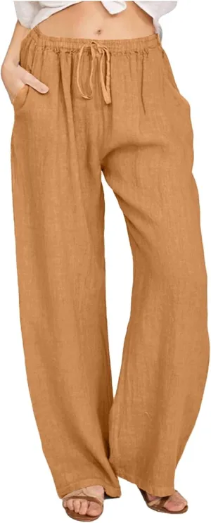Women Cotton Linen Summer Floral Pants Elastic Waisted Bootcut Slim Fit Trouser Work Business