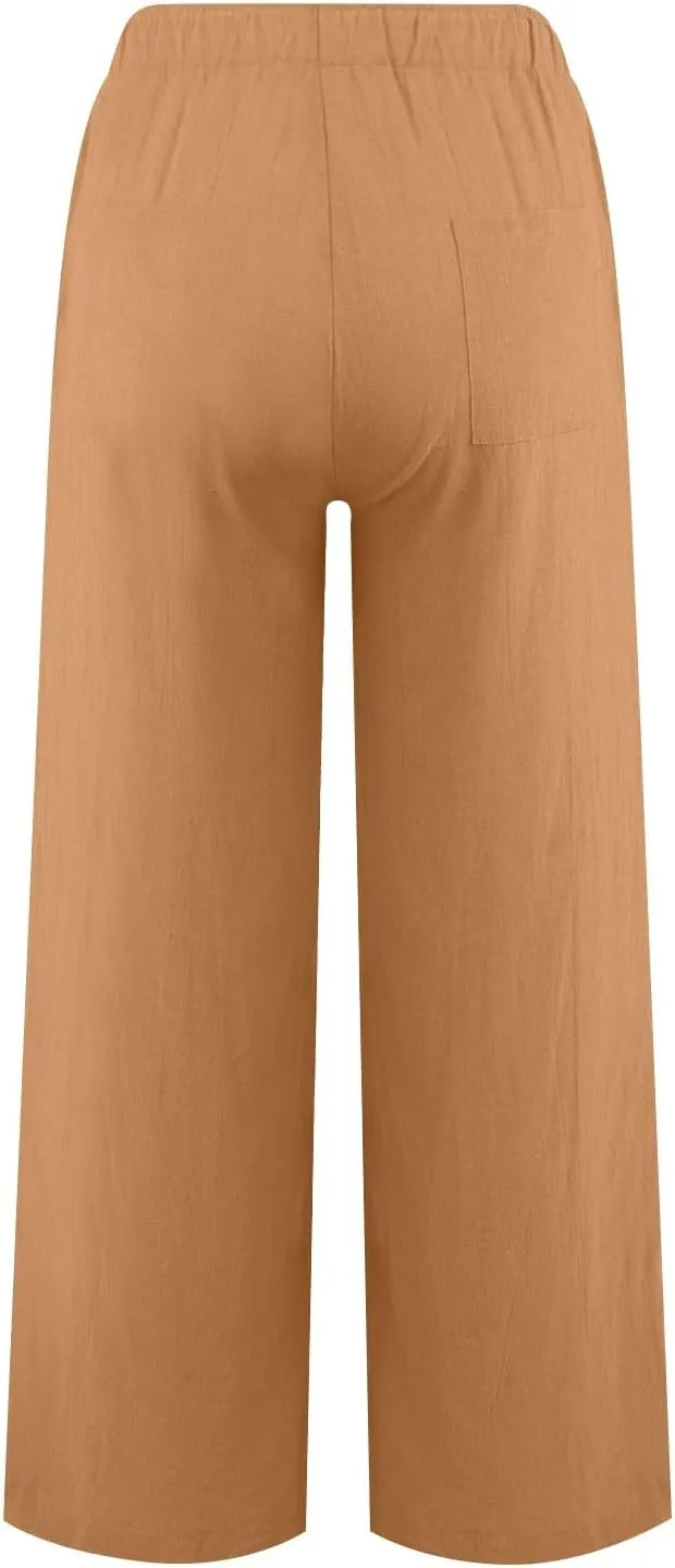 Women Cotton Linen Summer Floral Pants Elastic Waisted Bootcut Slim Fit Trouser Work Business