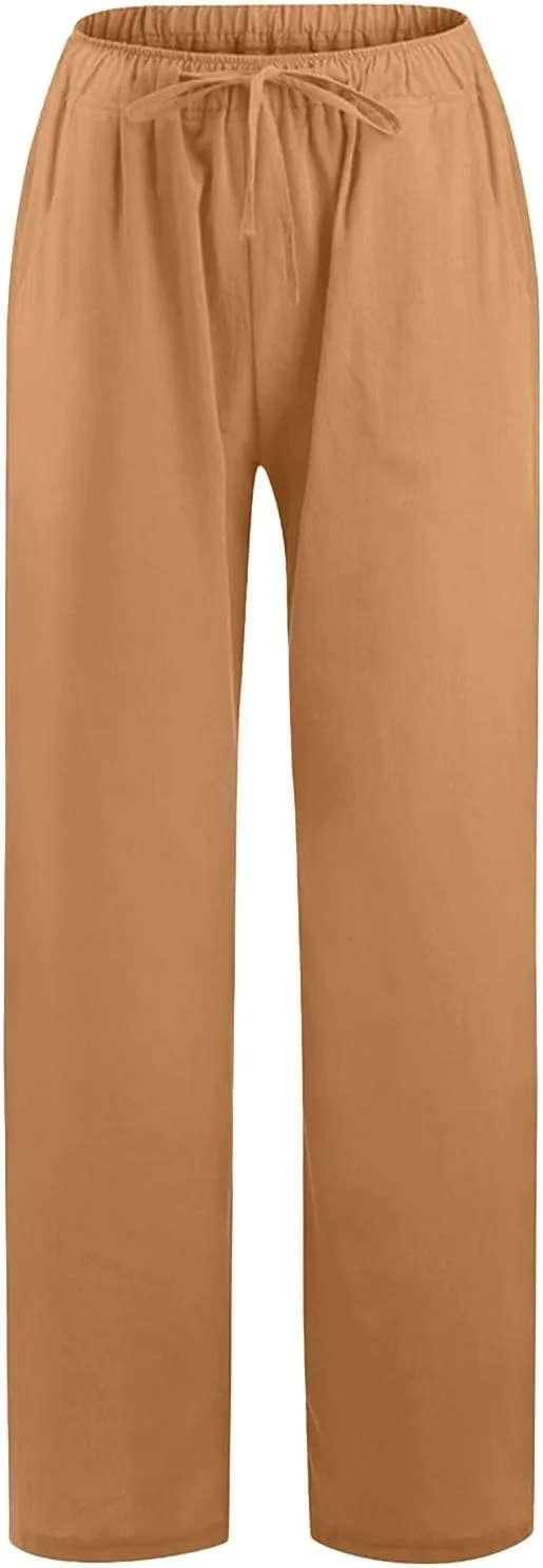 Women Cotton Linen Summer Floral Pants Elastic Waisted Bootcut Slim Fit Trouser Work Business
