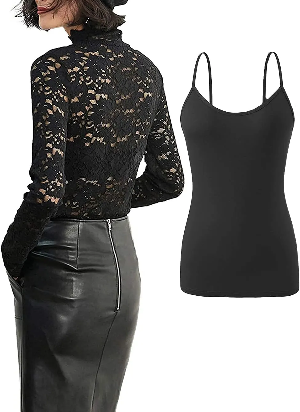 Women Floral Summer Lace Top Eyelash Trim Sexy Long Sleeves Plus Size Casual Dressy Shirt with Camisole Two Piece