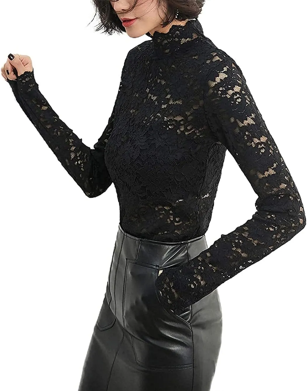 Women Floral Summer Lace Top Eyelash Trim Sexy Long Sleeves Plus Size Casual Dressy Shirt with Camisole Two Piece