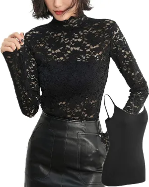 Women Floral Summer Lace Top Eyelash Trim Sexy Long Sleeves Plus Size Casual Dressy Shirt with Camisole Two Piece