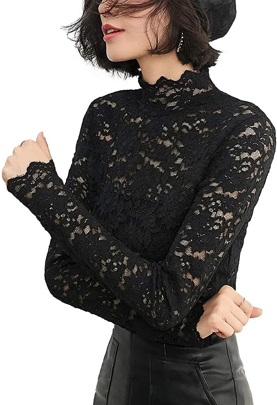 Women Floral Summer Lace Top Eyelash Trim Sexy Long Sleeves Plus Size Casual Dressy Shirt with Camisole Two Piece