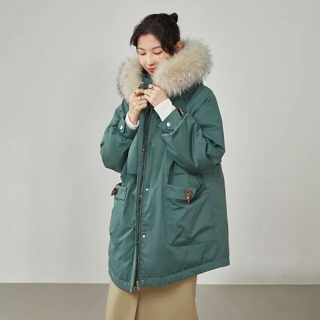 Women Fur Collar Down Jacket  Winter White Duck Down Jacket Mid-length Simple Waist Tooling Version Puffer Coats