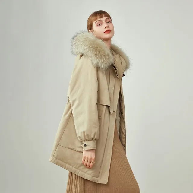Women Fur Collar Down Jacket  Winter White Duck Down Jacket Mid-length Simple Waist Tooling Version Puffer Coats