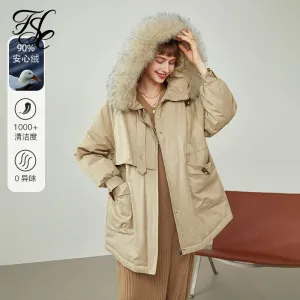 Women Fur Collar Down Jacket  Winter White Duck Down Jacket Mid-length Simple Waist Tooling Version Puffer Coats