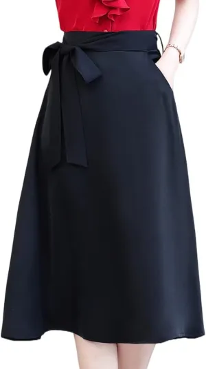 Women High Waisted A-Line Pockets Skirt Self Tie Skater Flared Midi Skirt