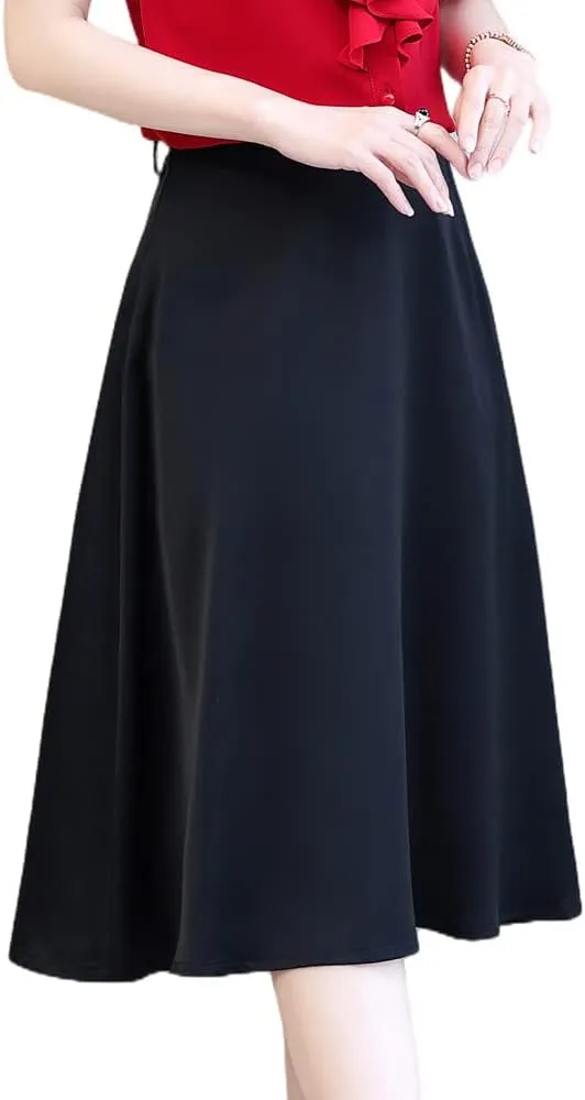 Women High Waisted A-Line Pockets Skirt Self Tie Skater Flared Midi Skirt