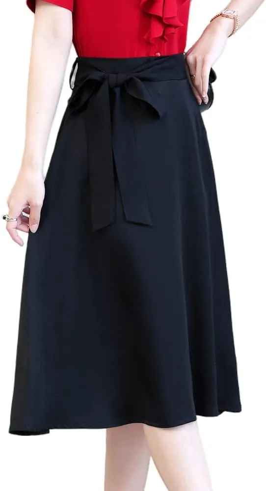 Women High Waisted A-Line Pockets Skirt Self Tie Skater Flared Midi Skirt
