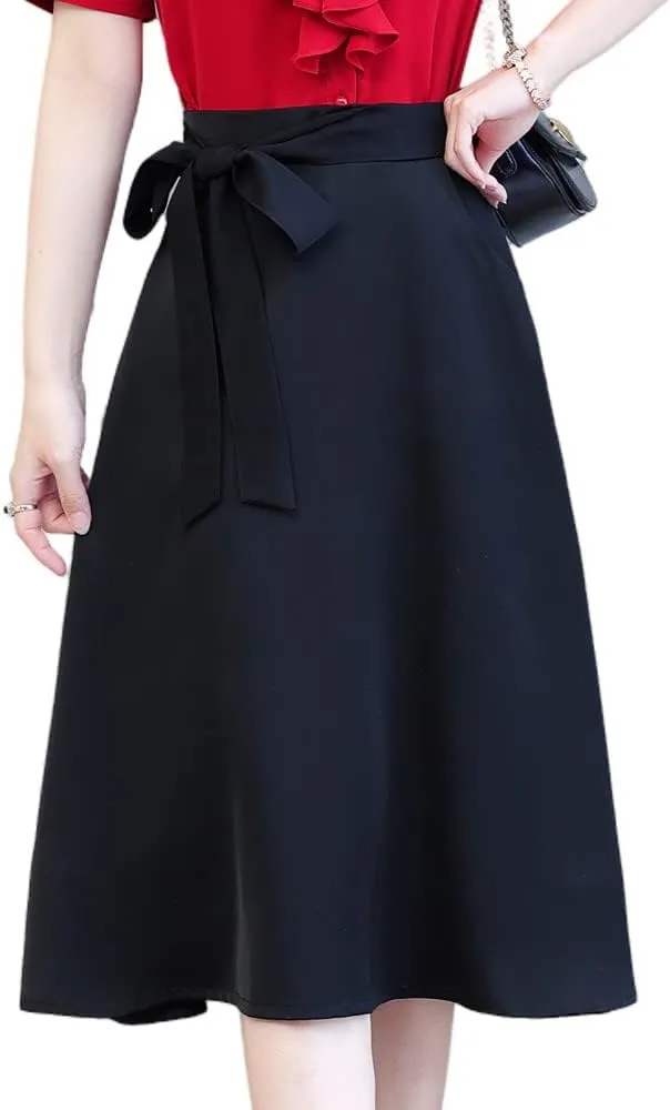 Women High Waisted A-Line Pockets Skirt Self Tie Skater Flared Midi Skirt