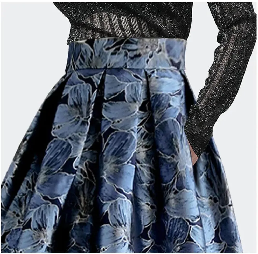 Women Jacquard Skirt High Waist A-Line Midi Skirts Vintage Elegant Plus Size Female Bottoms