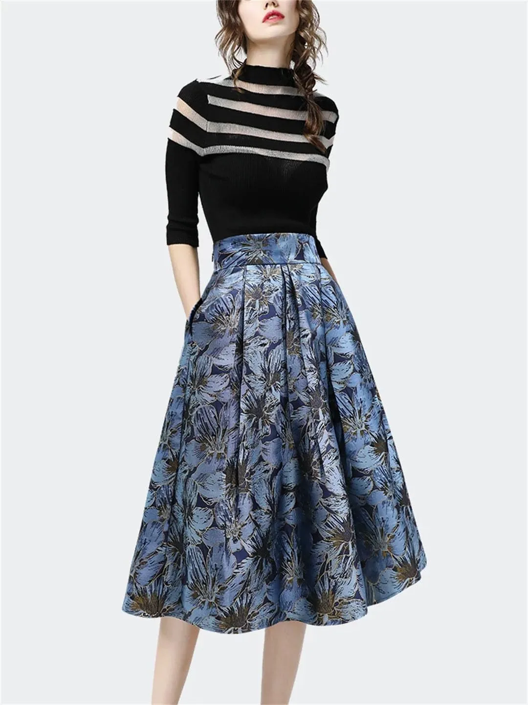 Women Jacquard Skirt High Waist A-Line Midi Skirts Vintage Elegant Plus Size Female Bottoms