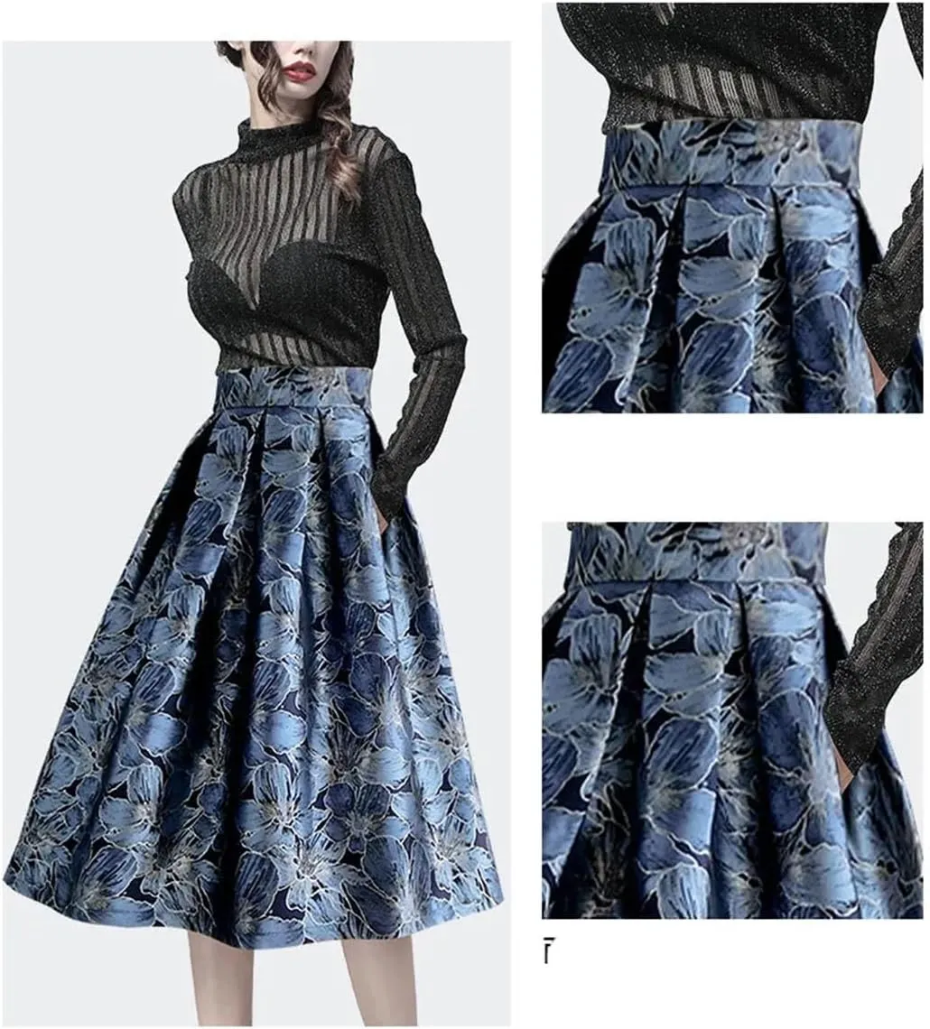 Women Jacquard Skirt High Waist A-Line Midi Skirts Vintage Elegant Plus Size Female Bottoms