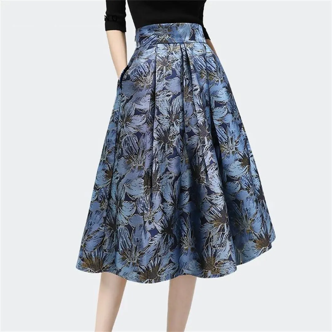 Women Jacquard Skirt High Waist A-Line Midi Skirts Vintage Elegant Plus Size Female Bottoms