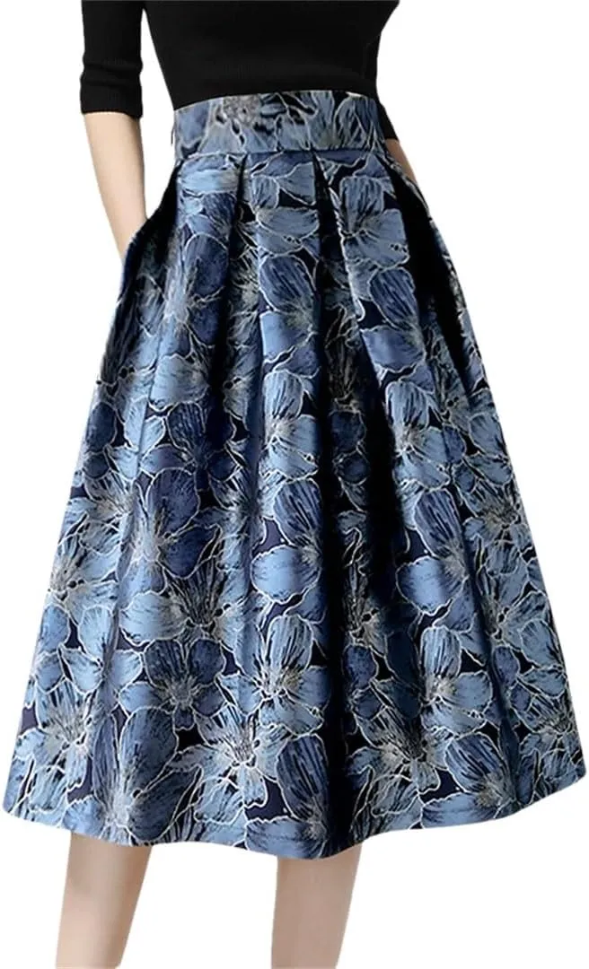 Women Jacquard Skirt High Waist A-Line Midi Skirts Vintage Elegant Plus Size Female Bottoms