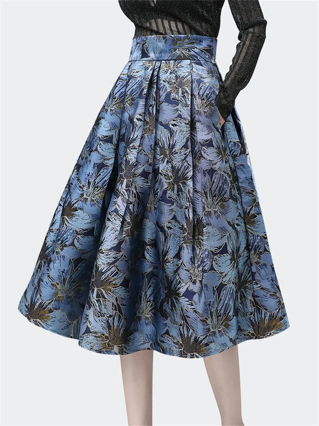 Women Jacquard Skirt High Waist A-Line Midi Skirts Vintage Elegant Plus Size Female Bottoms