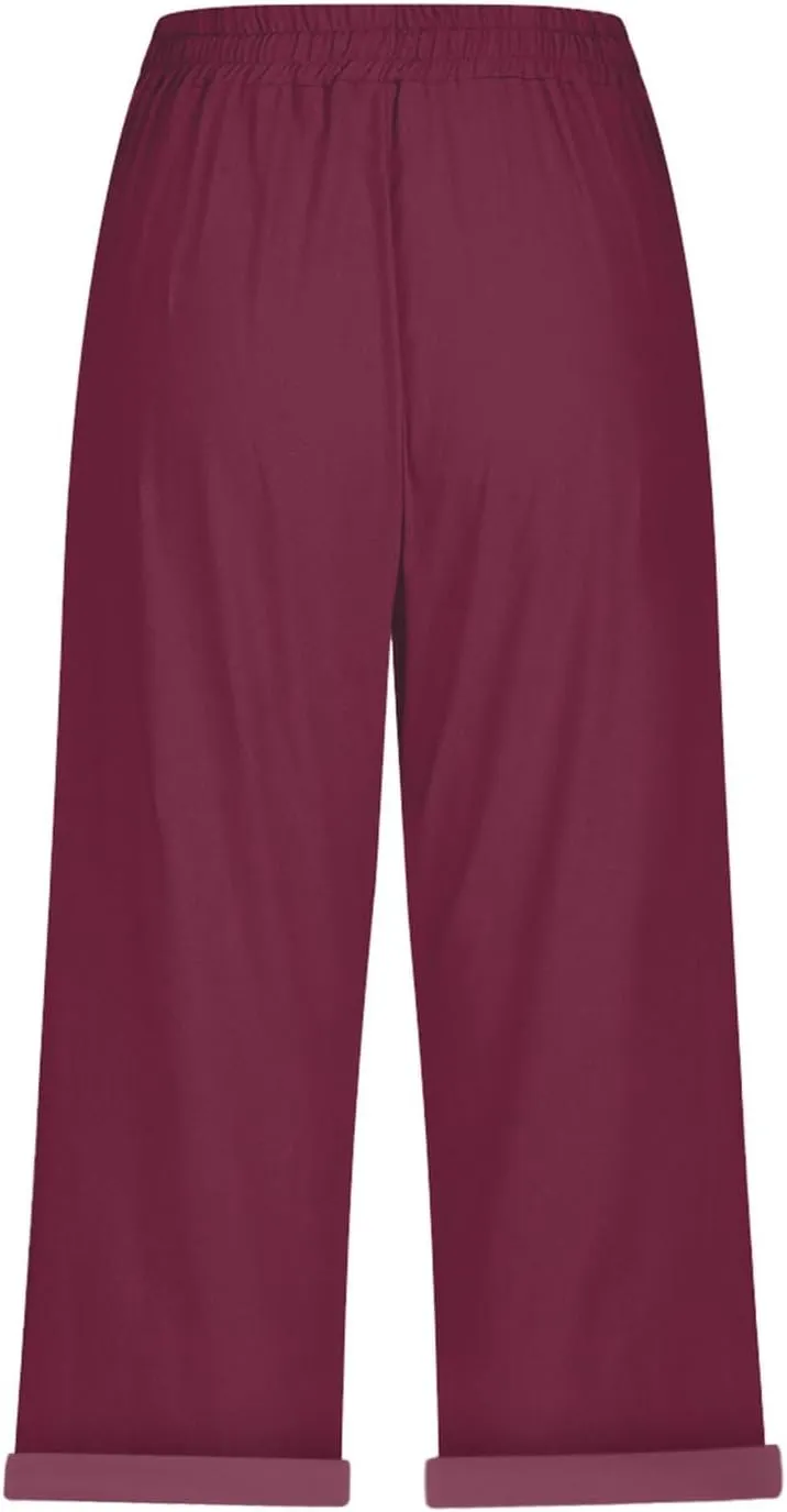 Women Linen Capris Pants Casual 2025 Summer Elastic Waist Linen Pant Straight Wide Leg Cropped Trouser