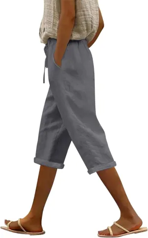 Women Linen Capris Pants Casual 2025 Summer Elastic Waist Linen Pant Straight Wide Leg Cropped Trouser