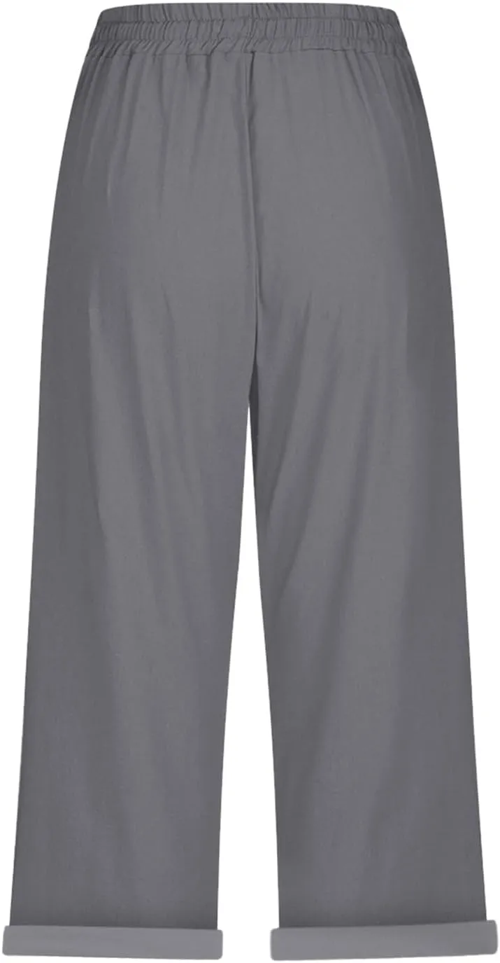 Women Linen Capris Pants Casual 2025 Summer Elastic Waist Linen Pant Straight Wide Leg Cropped Trouser